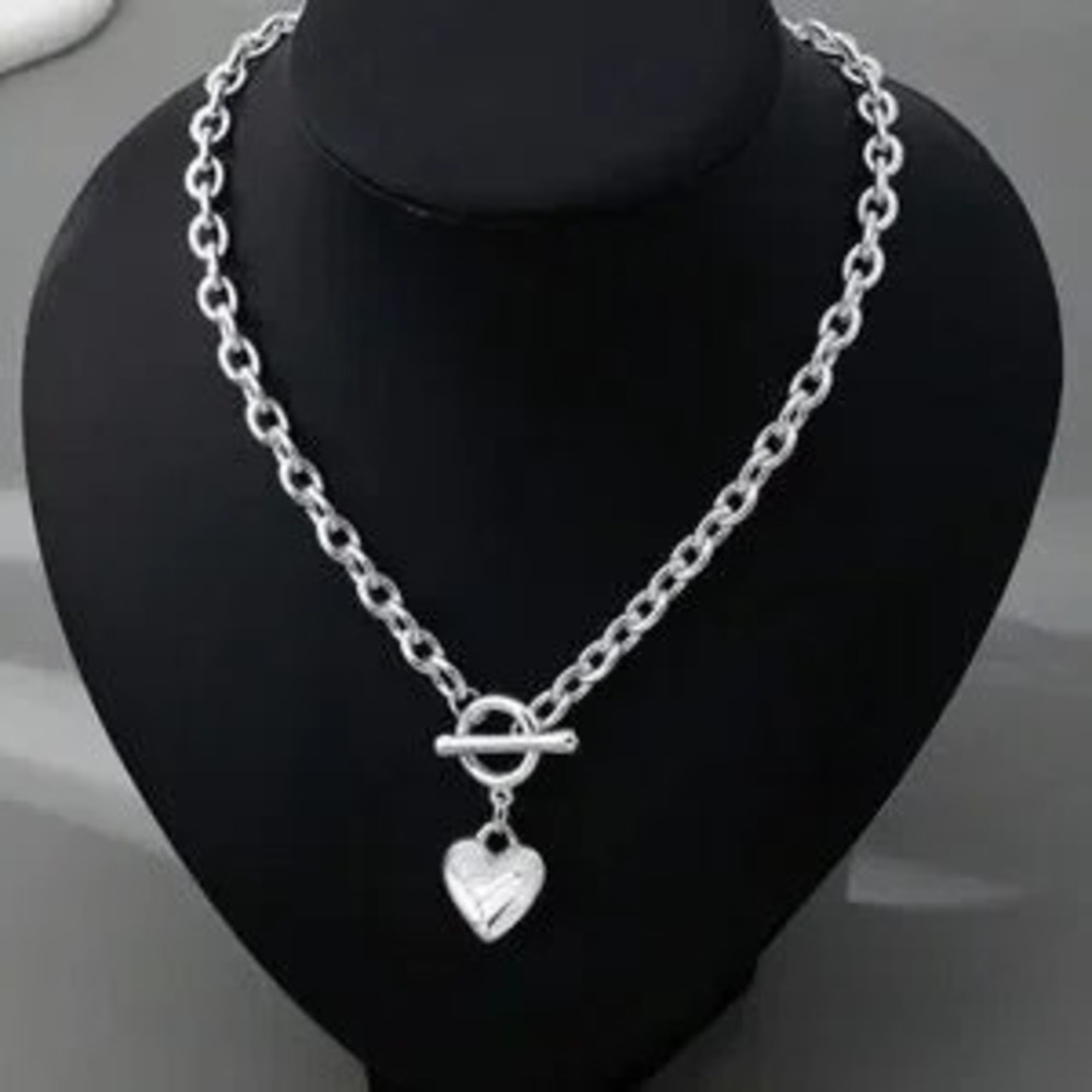 Silver Toggle Heart Charm Necklace Chunky Chain Necklace